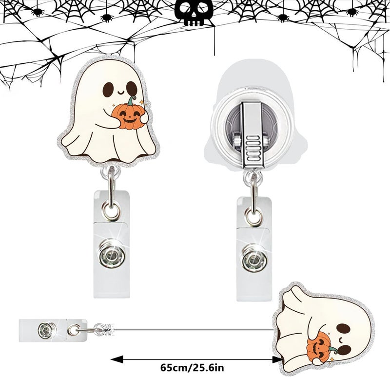 NSSHEL Cute Ghost Badge Reel Acrylic Retractable Halloween Badge Clip with 360° Rotating ID Card Holder Ghost Holding Pumpkin Badge Reel Designs Halloween Spooky ID Badge Holder for Nurses, Doctors - Image 4